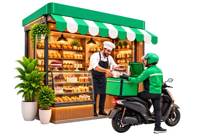 Illustration: a MiniDrop rider delivering an order from a local bakery