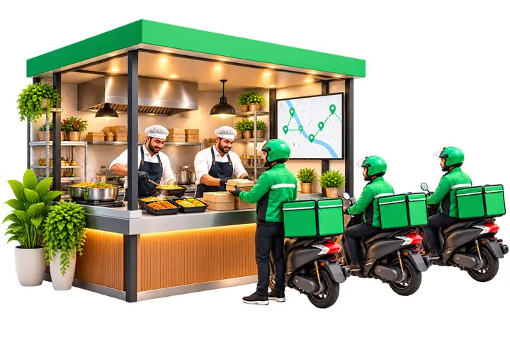 Illustration: a MiniDrop rider delivering an order from a local cloud kitchen
