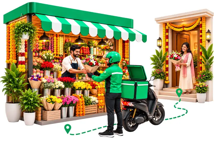 Illustration: a MiniDrop rider delivering an order from a local flower shop