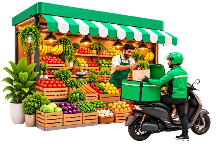 Illustration: a MiniDrop rider delivering an order from a local fresh produce store