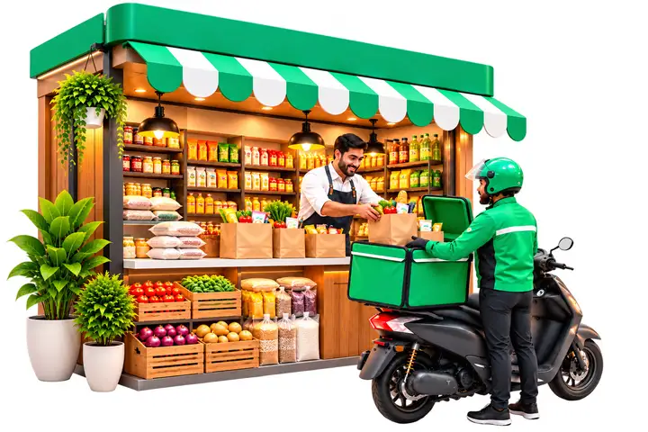 Illustration: a MiniDrop rider delivering an order from a local grocery store