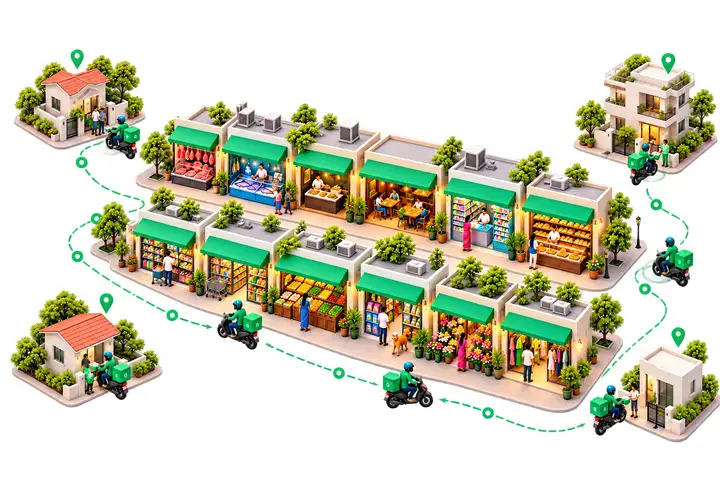 Illustration: riders delivering from different local shops in one neighbourhood