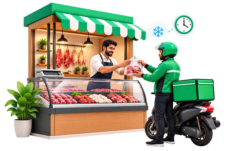 Illustration: a MiniDrop rider delivering an order from a local meat shop