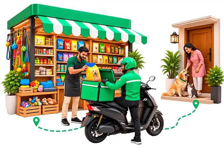 Illustration: a MiniDrop rider delivering an order from a local pet food store
