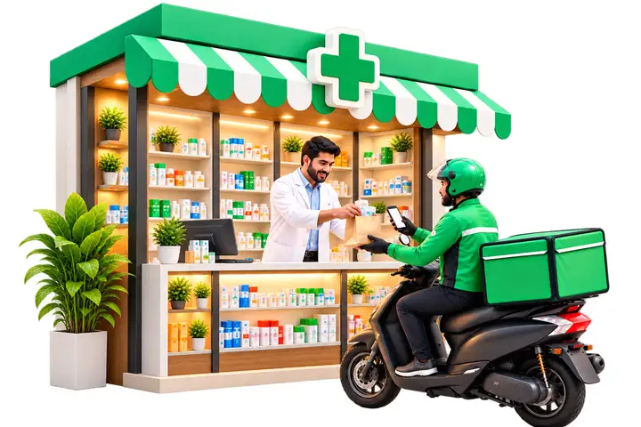 Illustration: a MiniDrop rider delivering an order from a local pharmacy