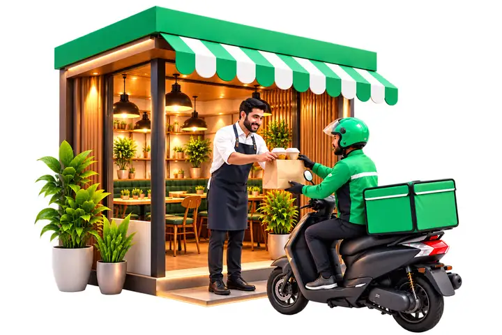 Illustration: a MiniDrop rider delivering an order from a local restaurant
