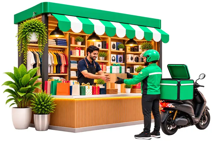 Illustration: a MiniDrop rider delivering an order from a local retail store